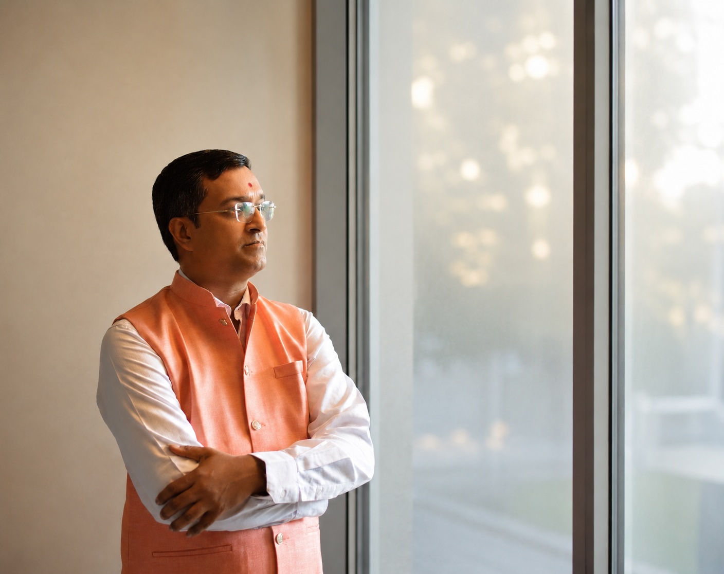 Sanjeev Suryakumar in reflection by a window
